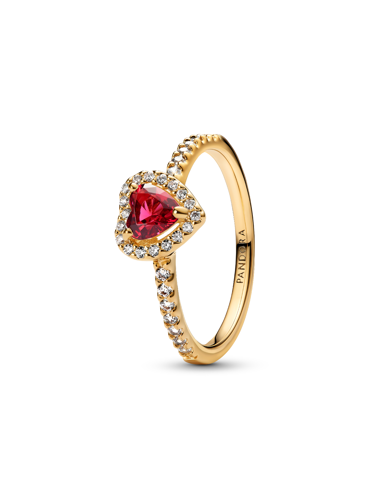 Anillo con forma de corazón bañado en oro de 14k con un corazón rojo y circonitas transparentes