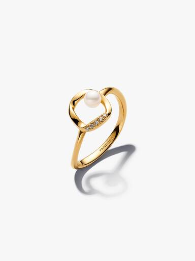 Anillo Círculo de Pavé con forma orgánica y perla cultivada de agua dulce tratada