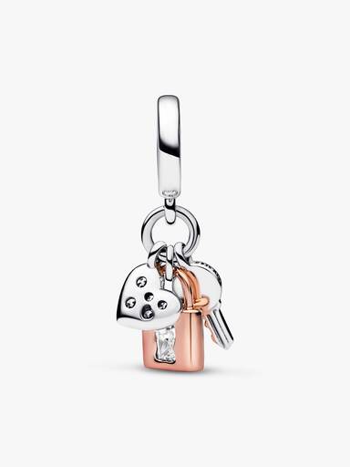 Charm colgante triple de dos tonos Llave, Candado y Corazón