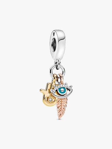 Charm colgante Hamsa, el Ojo que todo lo ve y Pluma de espiritualidad