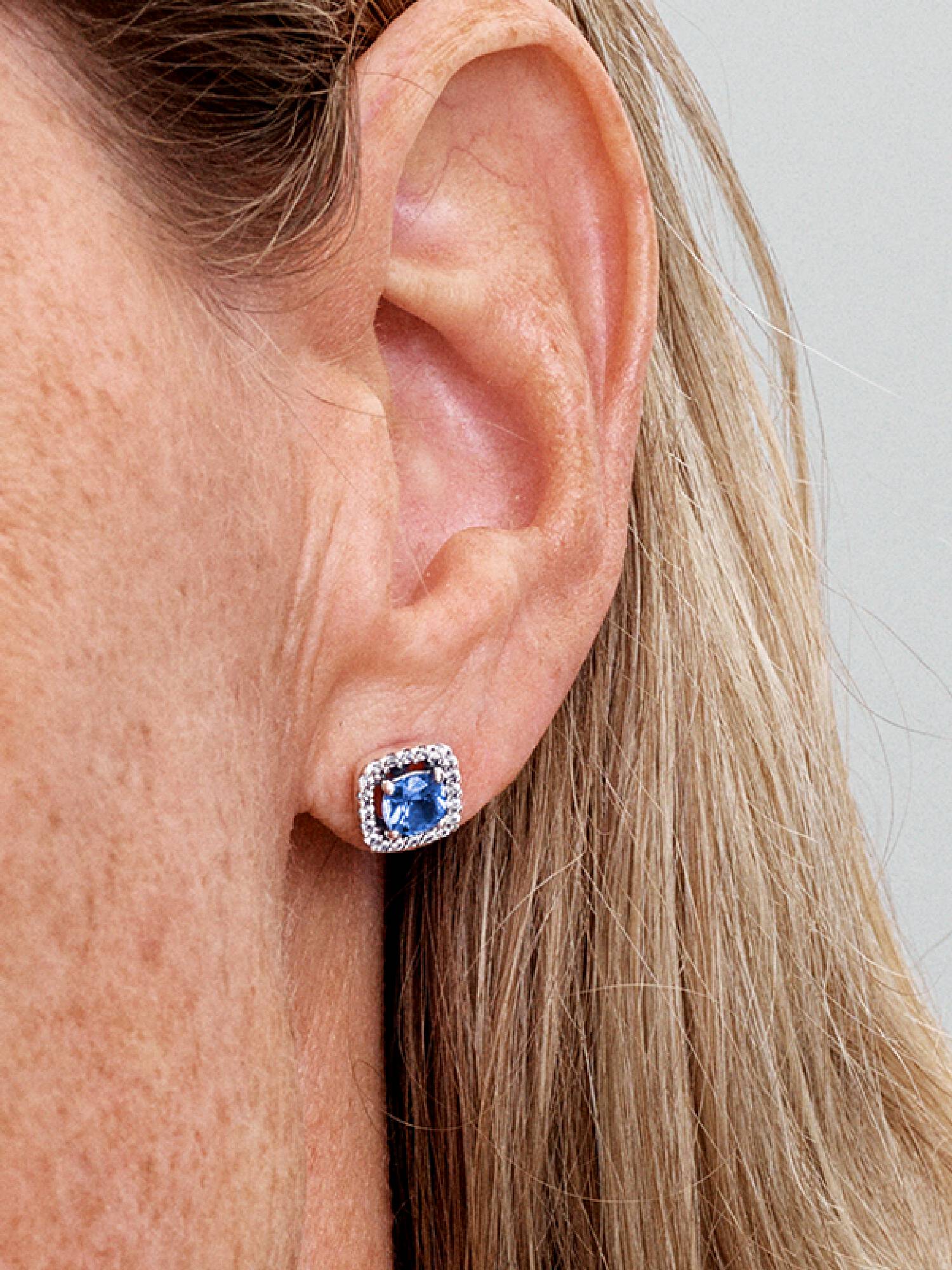 Aretes de botón Halo Cuadrado Azul Brillante