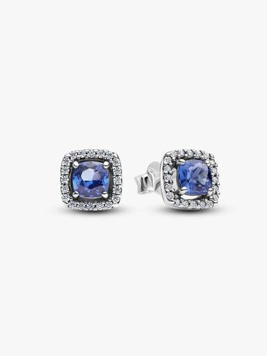 Aretes de botón Halo Cuadrado Azul Brillante