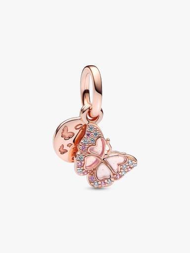 Charm colgante doble Mariposa rosa y cita
