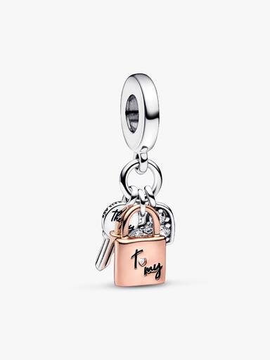 Charm colgante triple de dos tonos Llave, Candado y Corazón